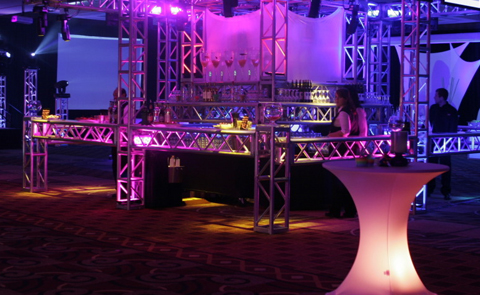 spandex screens and cocktail tables with LED lighting