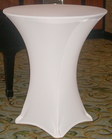 highboy with white spandex linens